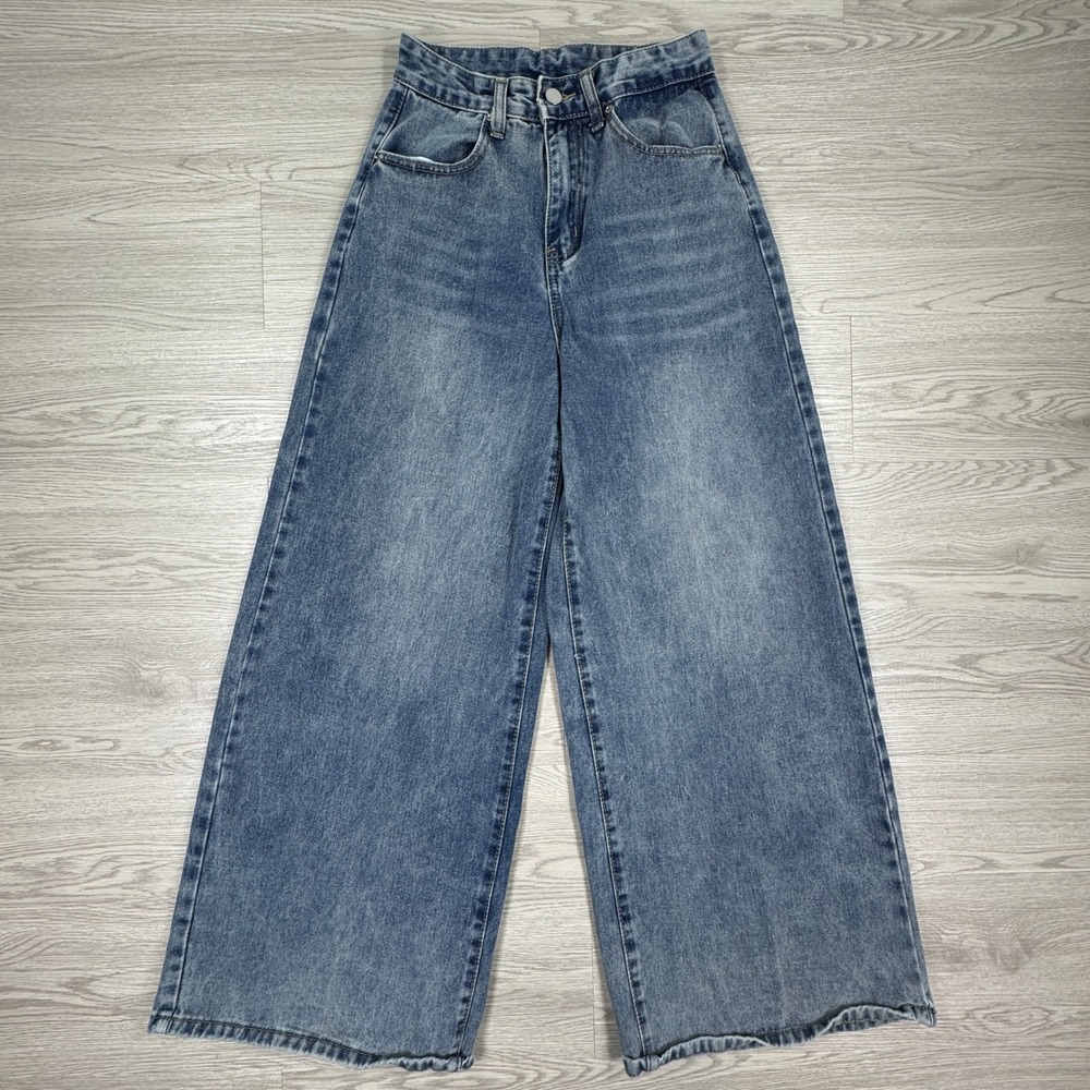 Women's‎ Jeans XS Blue High Waisted Wide Leg Denim Pants Cotton Blend